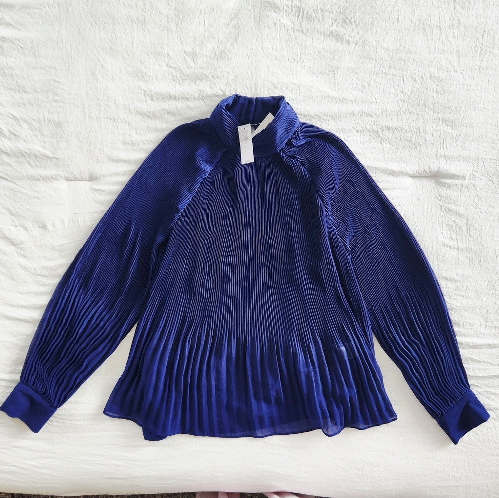 Banana Republic Blue Pleated Mandarin Collar Blouse
